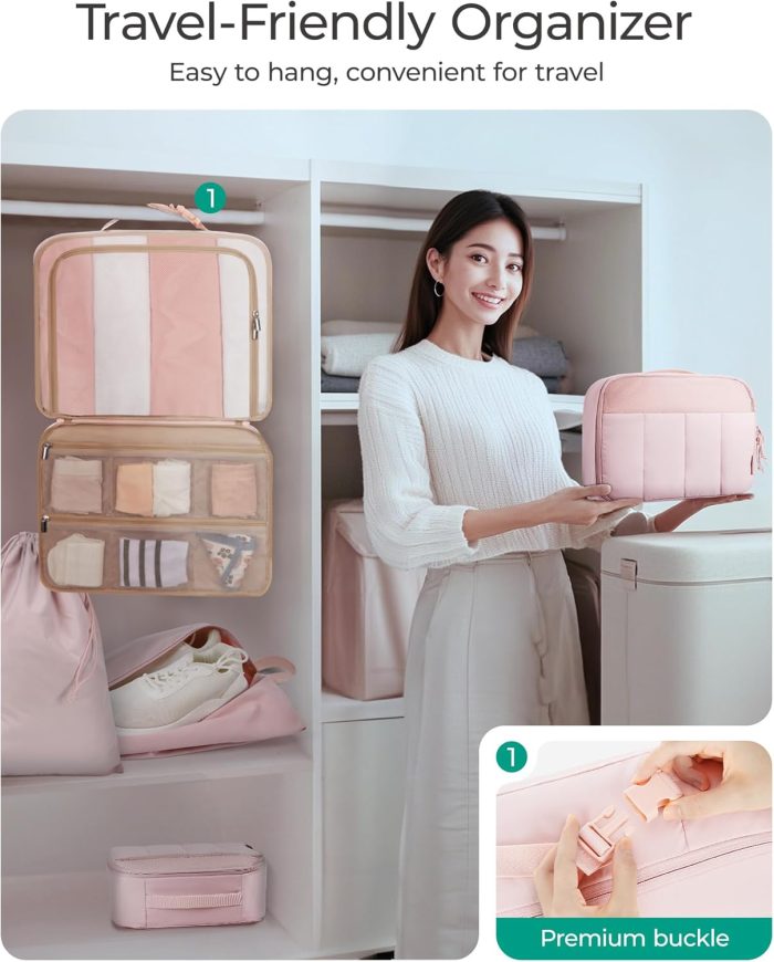 BAGSMART Packing Cubes for Travel Women, Large Capacity Hanging Packing Cubes for Suitcases, Quilted Travel Essentials for Women, Light Pink - Image 6