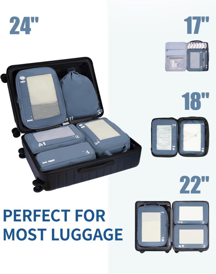 ECOHUB 5 Set Compression Packing Cubes for Suitcases Organiser Bags Set Travel Essentials with Shoe Bags for Travel Tear-resistant Travel Accessories with ID Tag Expandable Packing Bags(All Blue) - Image 7